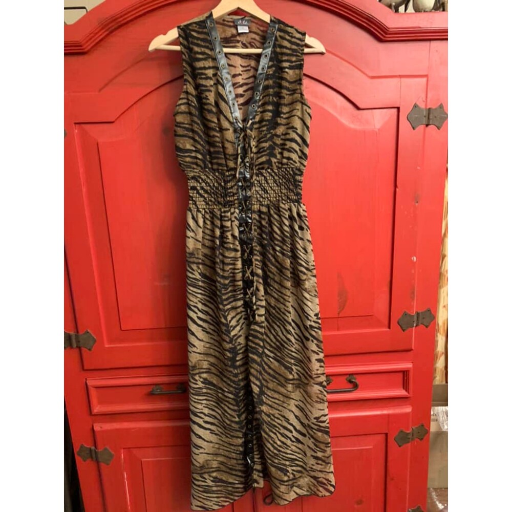 Dots Sz Small Sexy Zebra Striped Dress Lace up Front Faux Leather Midi Sheer EUC